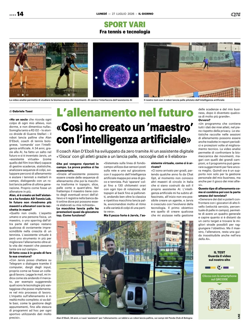 La pagina de Il Giorno del 27 luglio 2026 con l’articolo su Alan D’Eboli: «Così ho creato un maestro con l’intelligenza artificiale»